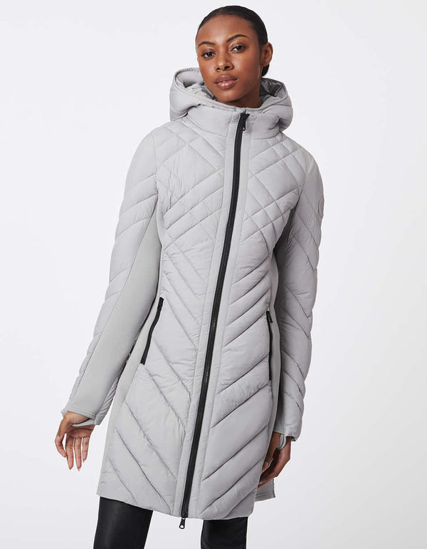 womens mid length gray puffer walker with a removable hood zip off vest and soft lightweight packable material