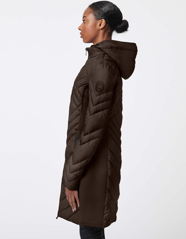 womens puffer walker with a mid length design removable hood and surprisingly light sustainable filler