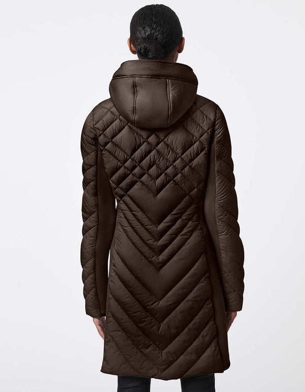 womens puffer walker with a mid length design removable hood and surprisingly light sustainable filler