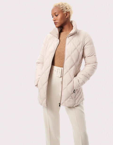 dirty white snowshoe puffer outerwear that is made from bernardos recycled material ecoplume shell to lining 