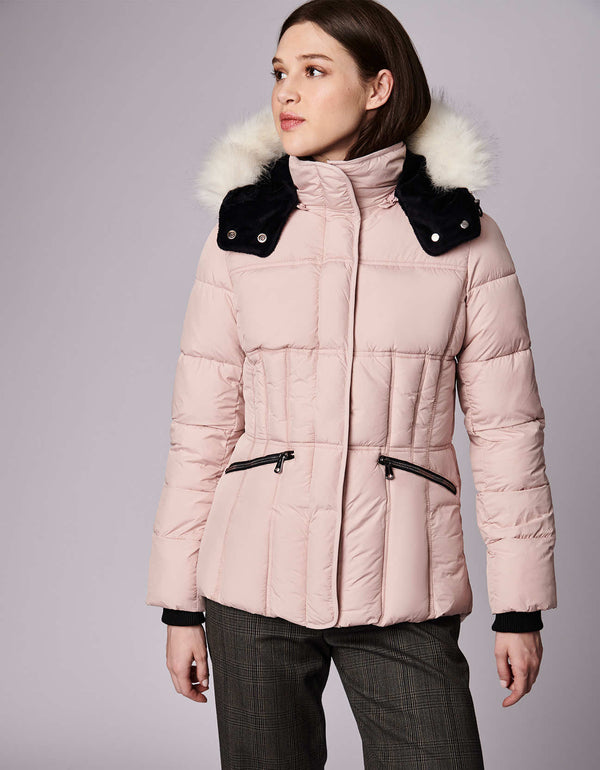 faux fur trimmed puffer jacket womens winter wear on sale in color pink