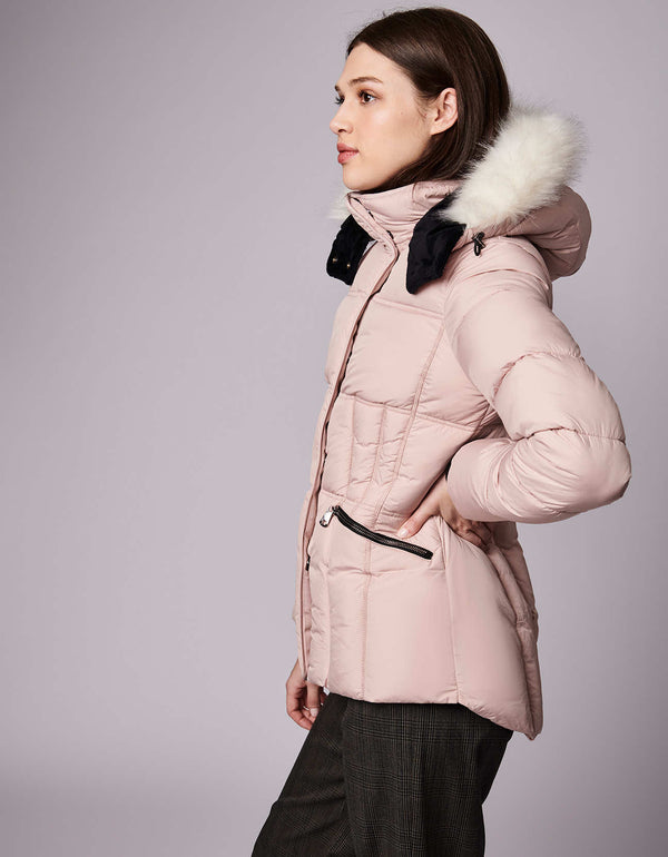 slim hip length fit puffer jacket for women with a removable hood and cruelty free ecoplume insulation
