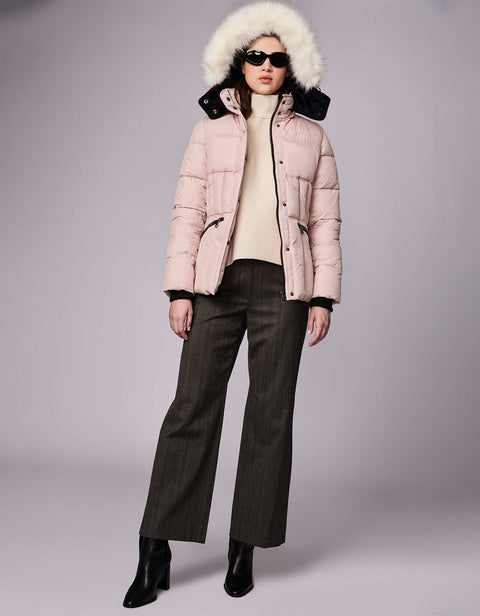 pink puffer jacket for women made from 100 percent recycled polyester and post consumer plastic bottles 
