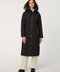 black long puffer coat with full zip up enclosure with quilted stitch design and a removable hood for women