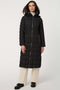 black long puffer coat with full zip up enclosure with quilted stitch design and a removable hood for women