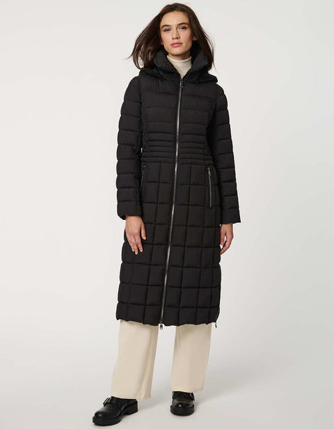 black long puffer coat with full zip up enclosure with quilted stitch design and a removable hood for women