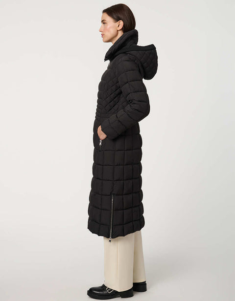 black long puffer coat with full zip up enclosure with quilted stitch design and a removable hood for women