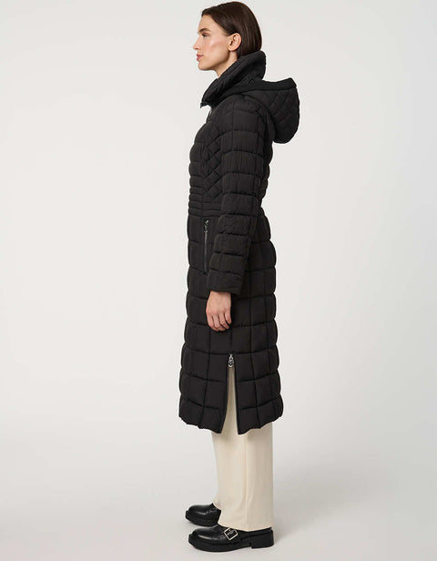 black long puffer coat with full zip up enclosure with quilted stitch design and a removable hood for women
