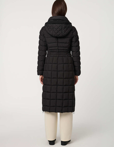 black long puffer coat with full zip up enclosure with quilted stitch design and a removable hood for women