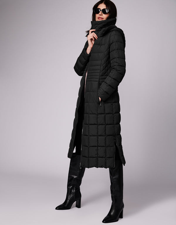 quilted long puffer coat for women that has a versatile removable rib trimmed hood and extra length coverage