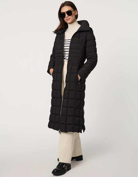 black long puffer coat with full zip up enclosure with quilted stitch design and a removable hood for women