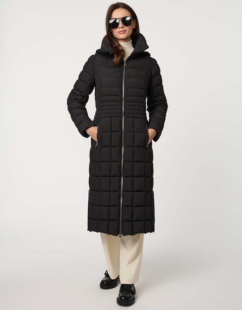 black long puffer coat with full zip up enclosure with quilted stitch design and a removable hood for women