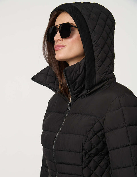 black long puffer coat with full zip up enclosure with quilted stitch design and a removable hood for women