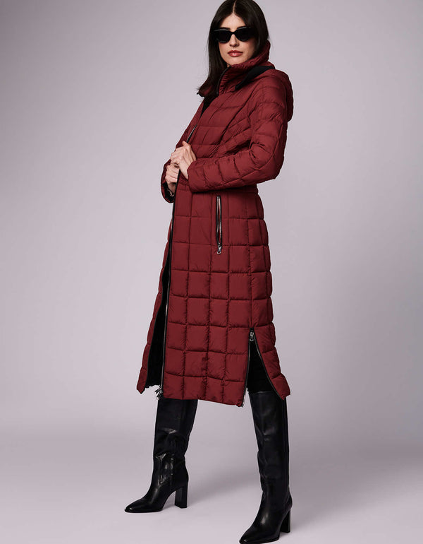 long red puffer outercoat for women for winter wear made from sustainable insulation and materials exclusive of trim