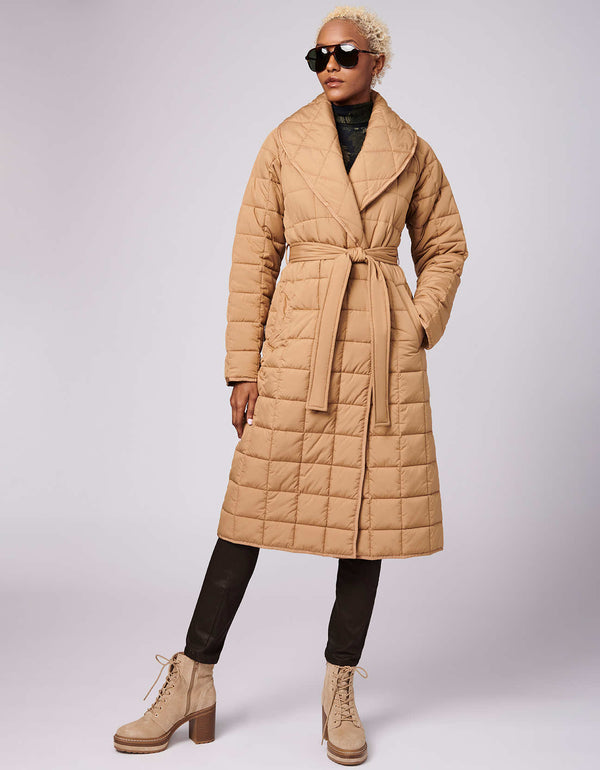 womens water resistant easy to care sophisticated long puffer coat made with recycled materials
