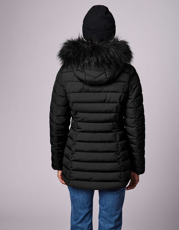 sustainable black puffer jacket for women made by a sustainable trendy outerwear store in the US for sale