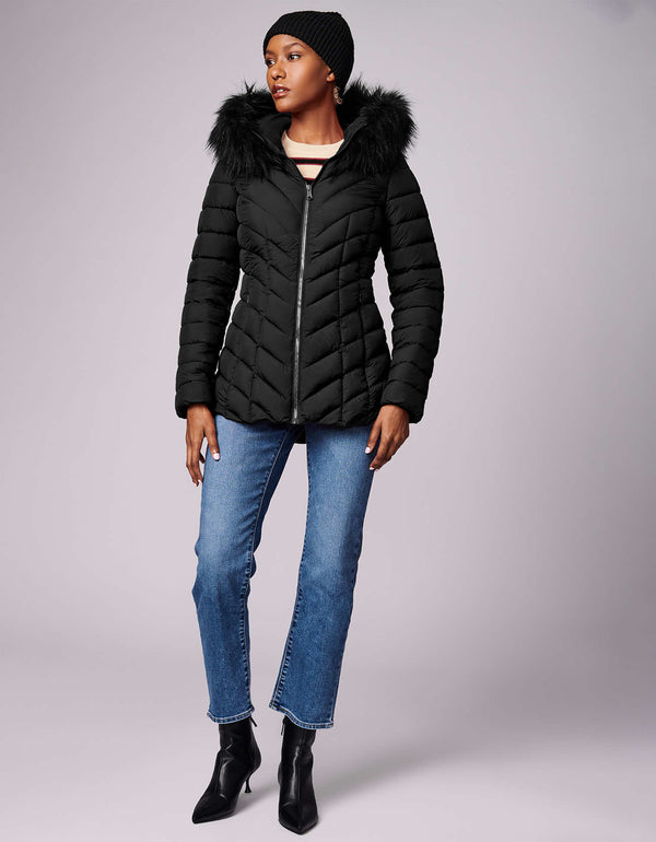 slim fit mid length puffer jacket in black made from cruelty free materials and recycled polyester