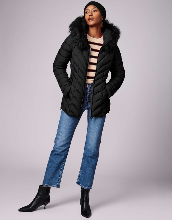 shop online black puffer jacket for women with a high low hem and storm cuff with elastic