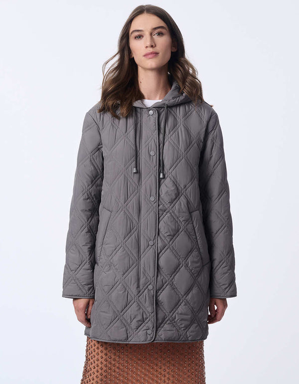 fully button up hooded thin puffer jacket for women with adjustable drawstrings and quilted detail stitching