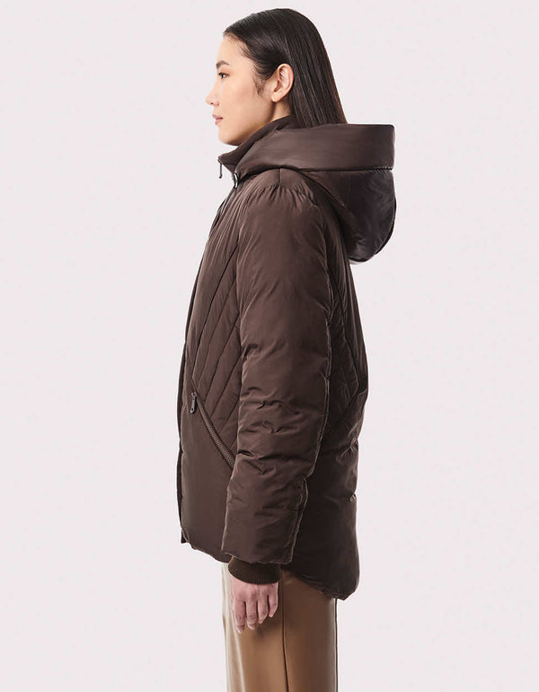 hooded brown puffer jacket for women winter wear on sale made from sustainable materials