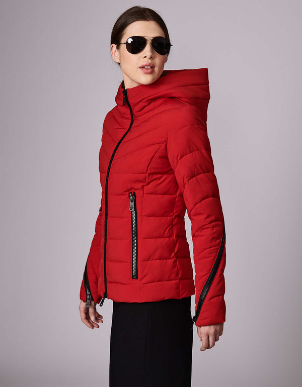easy care and water resistant red padded puffer outerwear that is perfect to wear during fall or winter