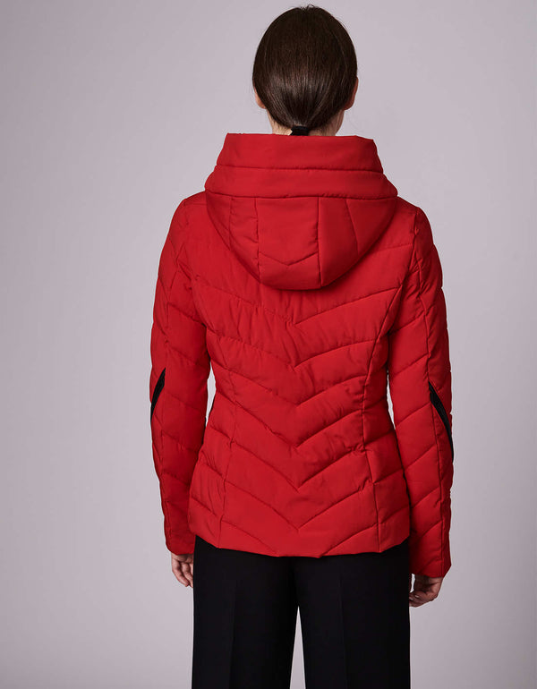 back shot of a red puffer outwear with plush hood and that is funnel quilted perfect for cold weather