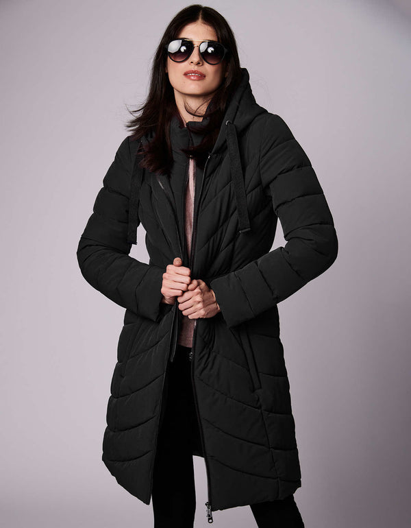 womens black chic bib puffy jacket from bernardo capsule collection of exclusive outerwear