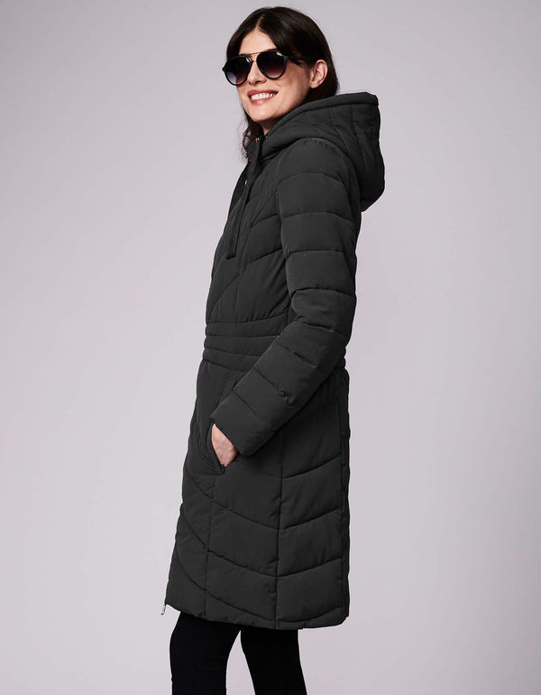 slim fit mid length black two way zipper outerwear that is lightweight for out of town trips