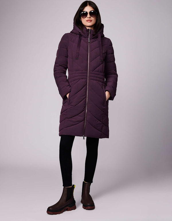 womens streamlined plum wine colored jacket with hood from eco luxe outerwear collection