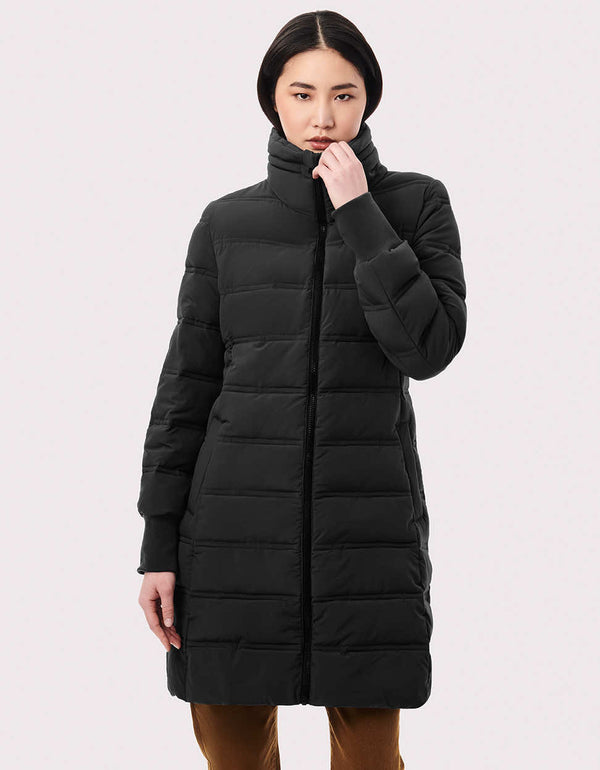 womens cozy warm mid length puffer jacket with quilted horizontal lines and chic hood that can be tucked away