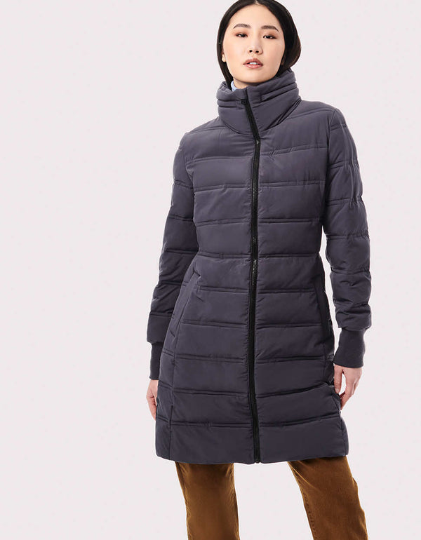 womens puffer walker in grey walker length that makes it easy to move during fall or winter season