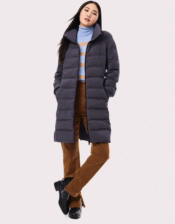 womens grey padded jacket with quilted rows tall funnel collar and hood that can be tucked away