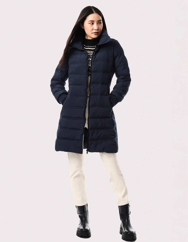warm winter running clothes navy blue puffer walker from a sustainable outerwear store