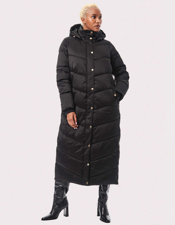buy this long winter puffer coat for women keeps you warm with extra length for extra coverage and sustainable Ecoplume insulation