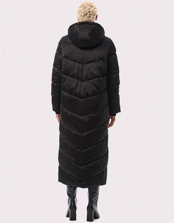 cruelty free long black puffer coat with hood made from 100 percent polyester and recycled plastic bottles
