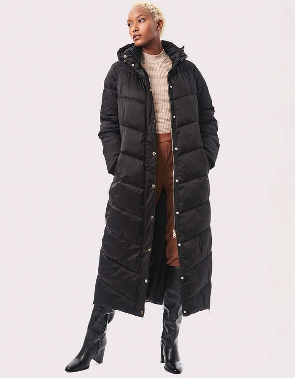 black long winter jacket for women for sale with removable hood size zippers and knit cuffs