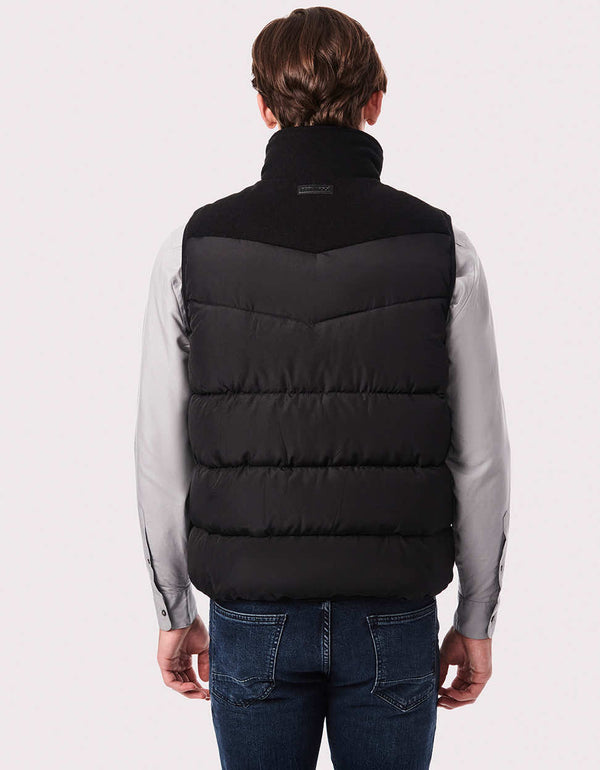 black puffer vest for men in a classic hip length fit with added bonus of eco friendly bragging rights