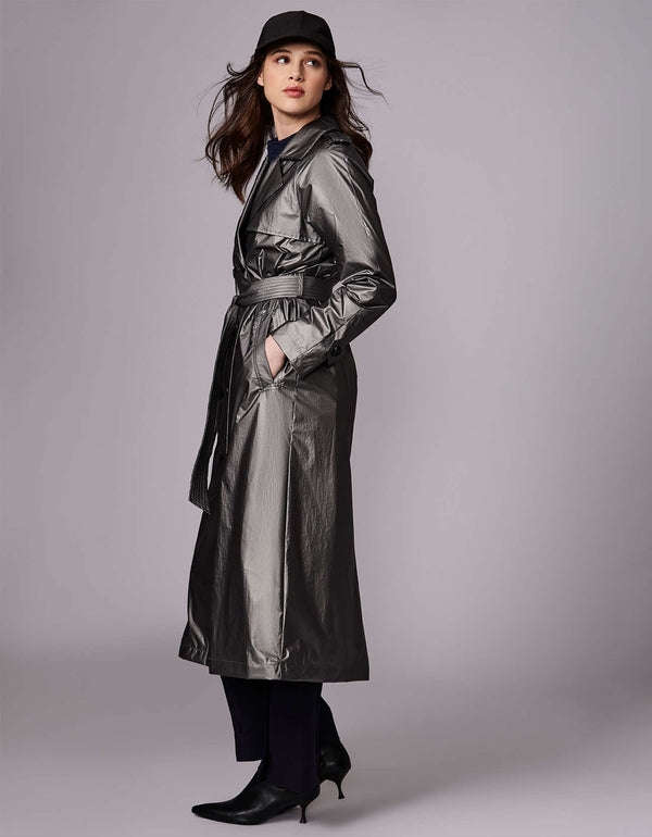 classic water and wind resistant gray rain coat that stands out rain or shine with long belt and double button sleeve