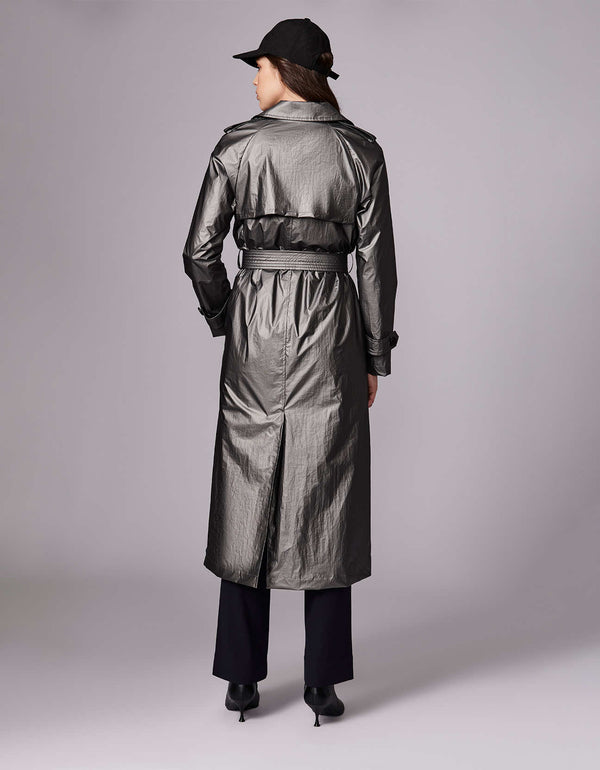back picture of grey vintage inspired polyester rain outerwear with epaulettes buttons and tie belt