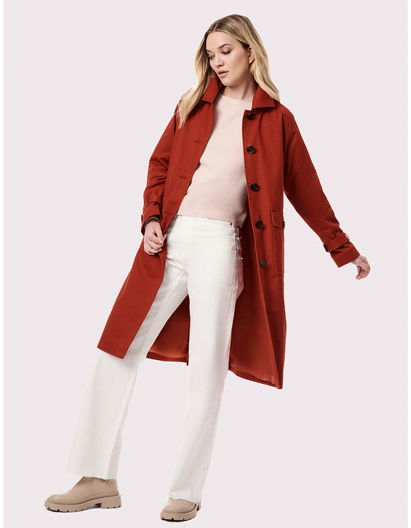 womens affordable high quality stylish red coat with four black buttons and cinching cuff details