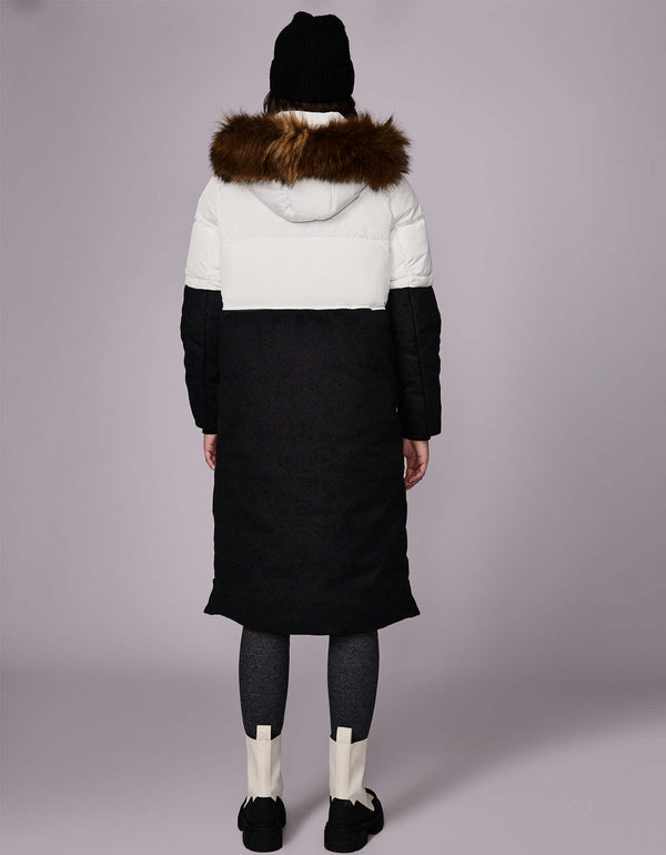 classic wool combo puffer coat with fake fur trimmed hood and snap hand pockets