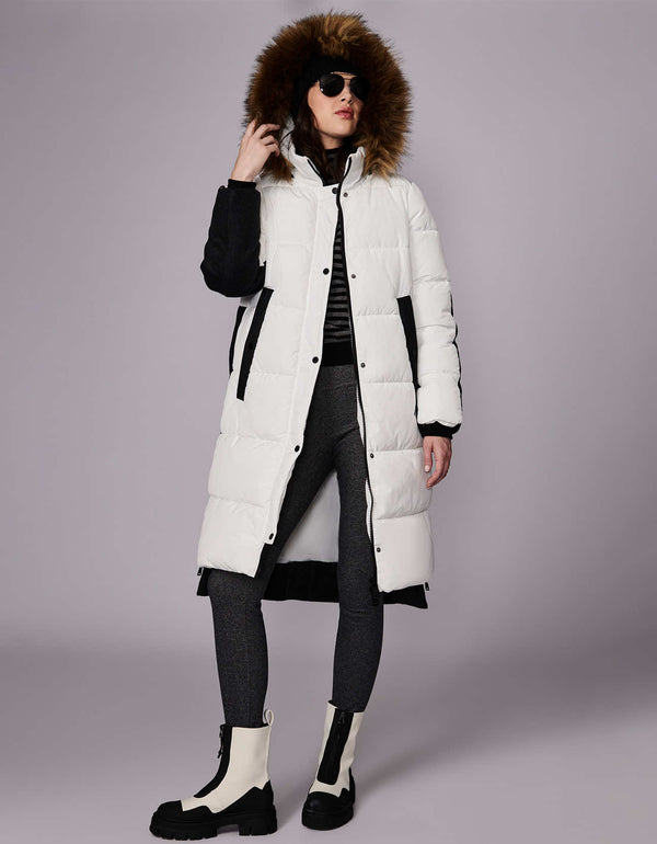 white wool blend long puffy coat outerwear with removable regal faux fur trimmed hood for women