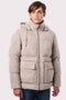 buy this winter puffer jacket for men has sustainable style with Ecoplume insulation versatility with a zip off hood and utility with 4 pockets