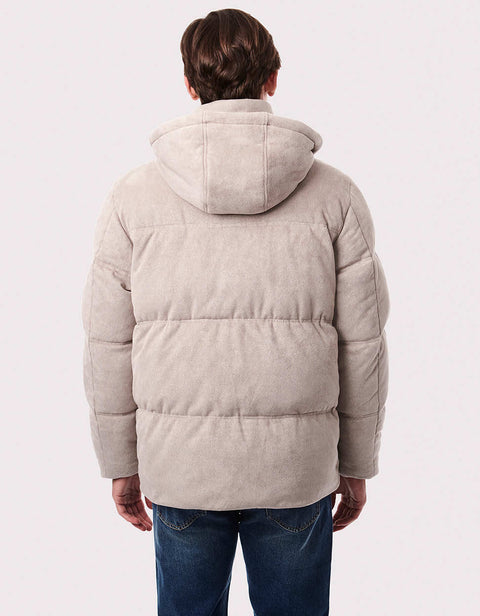 mens utility puffer jacket in a classic mid length fit made from recycled and cruelty free material