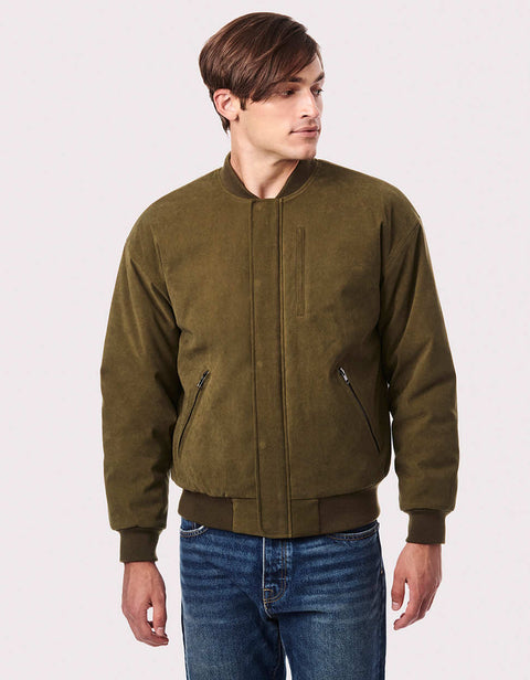 casual puffer jacket for men in a classic hip length fit with snaps and chest pockets for keys and wallets 