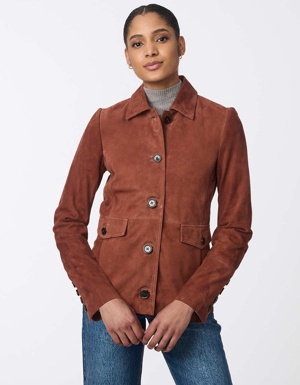 Women's classic suede jacket with button closure. Effortless design for everyday wear.