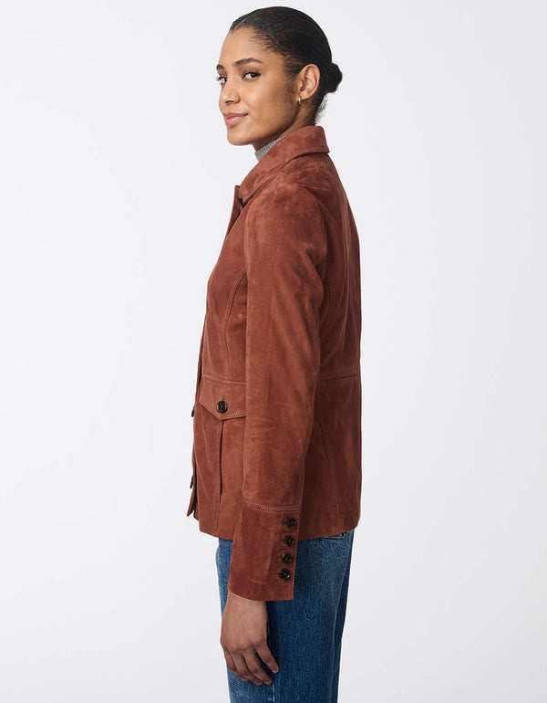 timeless suede outerwear with large button closures and convenient pockets for a refined casual look