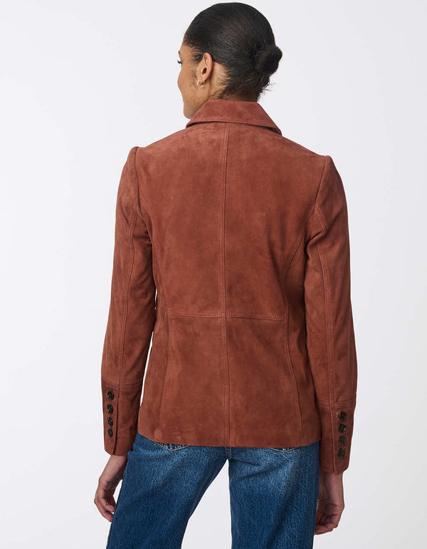 streamlined suede jacket with bold button accents and deep pockets designed for a sleek silhouette