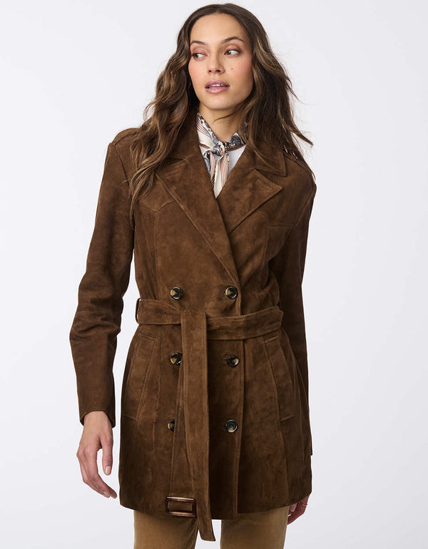 women's double breasted suede jacket. Timeless staple with an adjustable belt to customize your look.