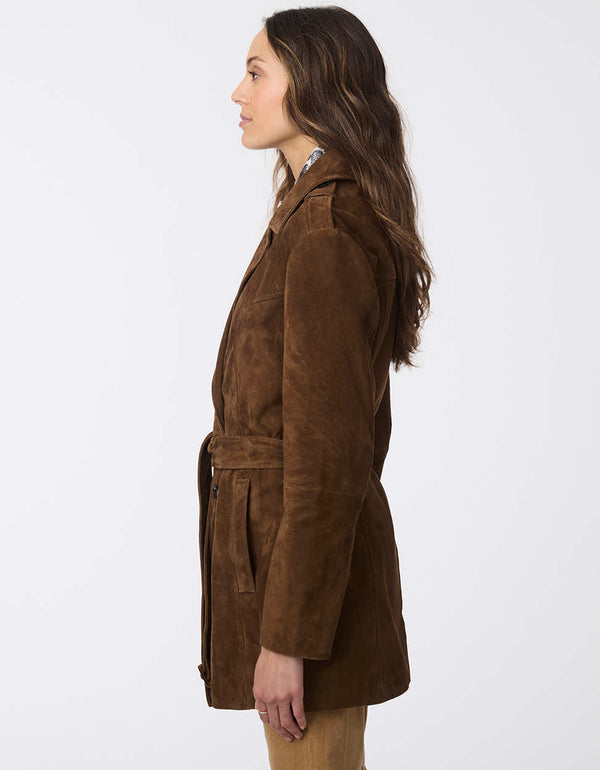 elegant thigh length suede jacket with a belt large lapels and double breasted design for a timeless appeal